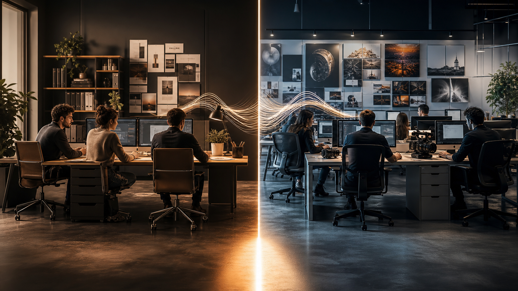 Equipo interno de marketing trabajando cerca del negocio con datos, contenido y producción en la misma mesa