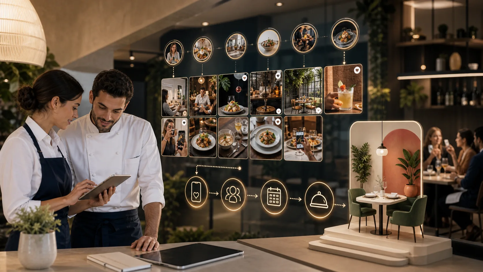 Escena de restaurante con UGC, reservas y contenido social conectados como una cadena visual que acaba en visitas