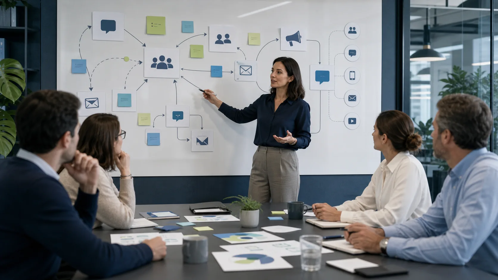 Equipo revisando un mapa visual de comunicación interna en una oficina moderna